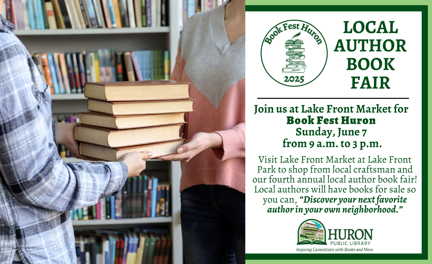 A flyer for Book Fest Huron 2025 at Lake Lake Front Market on June 5, 2025
