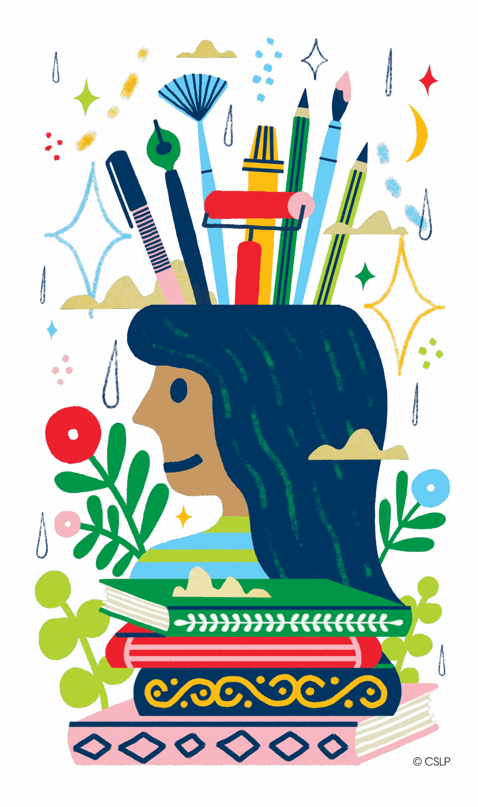 A colorful graphic of a woman with writing and art utensils sticking out of her head with a stack of books under her bust and colorful graphics all around