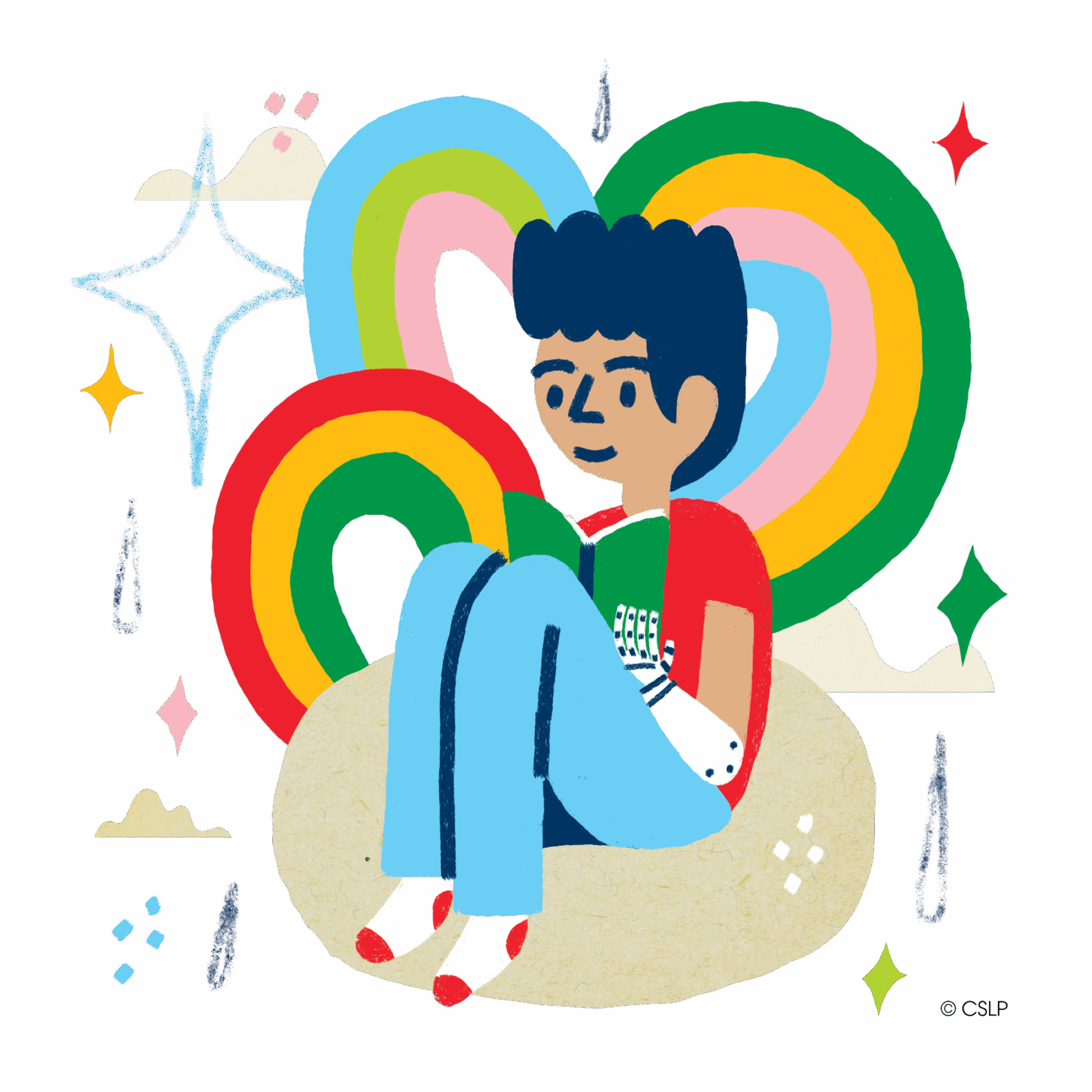 An illustrated graphic with bright colors of a young kid reading in a bean bag chair