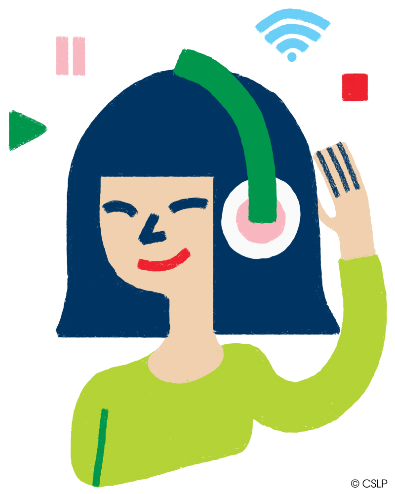 An illustrated graphic with bright colors of a teen with headphones on.