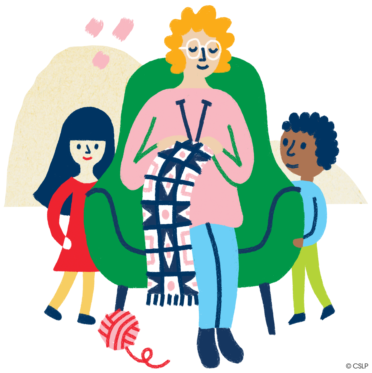 a cartoon graphic with bright colors of two young kids standing next to an adult woman knitting in a green chair