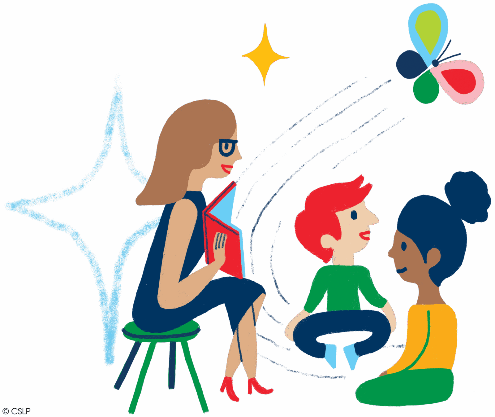 A graphic with bright colors of an adult reading to two small children