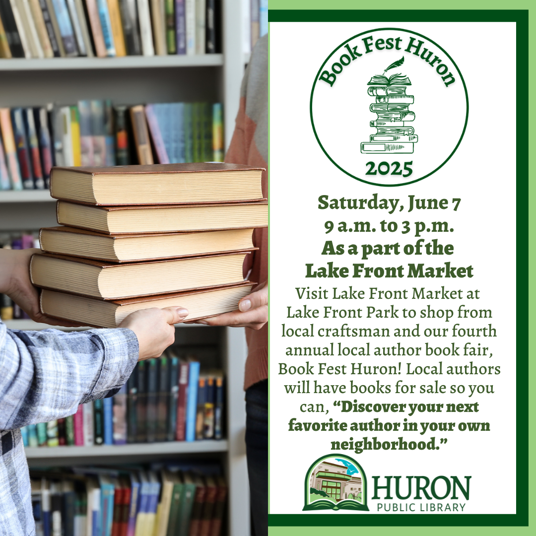 A flyer for Book Fest Huron 2025 at Lake Lake Front Market on June 5, 2025