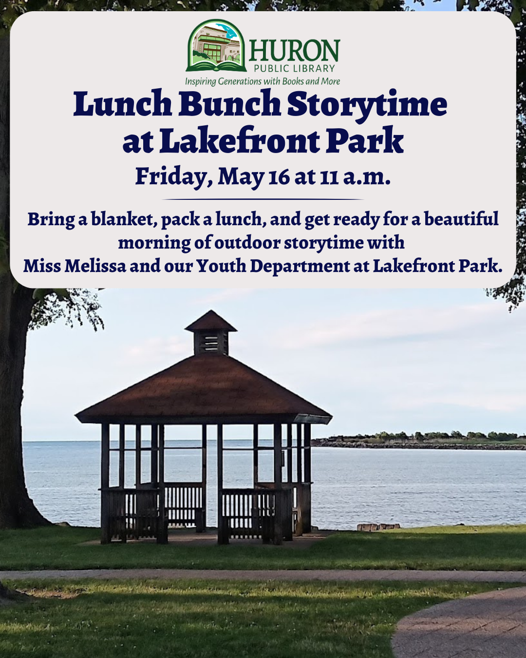 A flyer for Lunch Bunch Storytime at Lake Front Park on Friday, May 16 at 11 a.m.