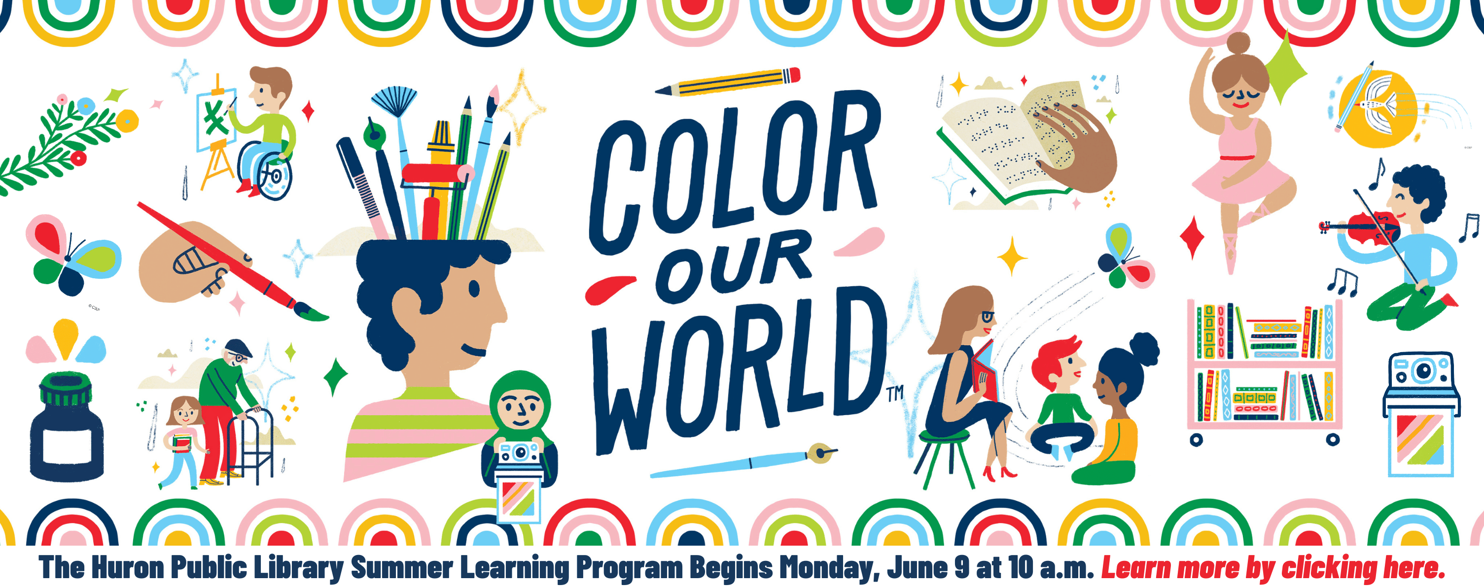 A slider image with many colorful graphics of people with art, books, and more for HPL's Summer Learning program. Click this slider to learn more