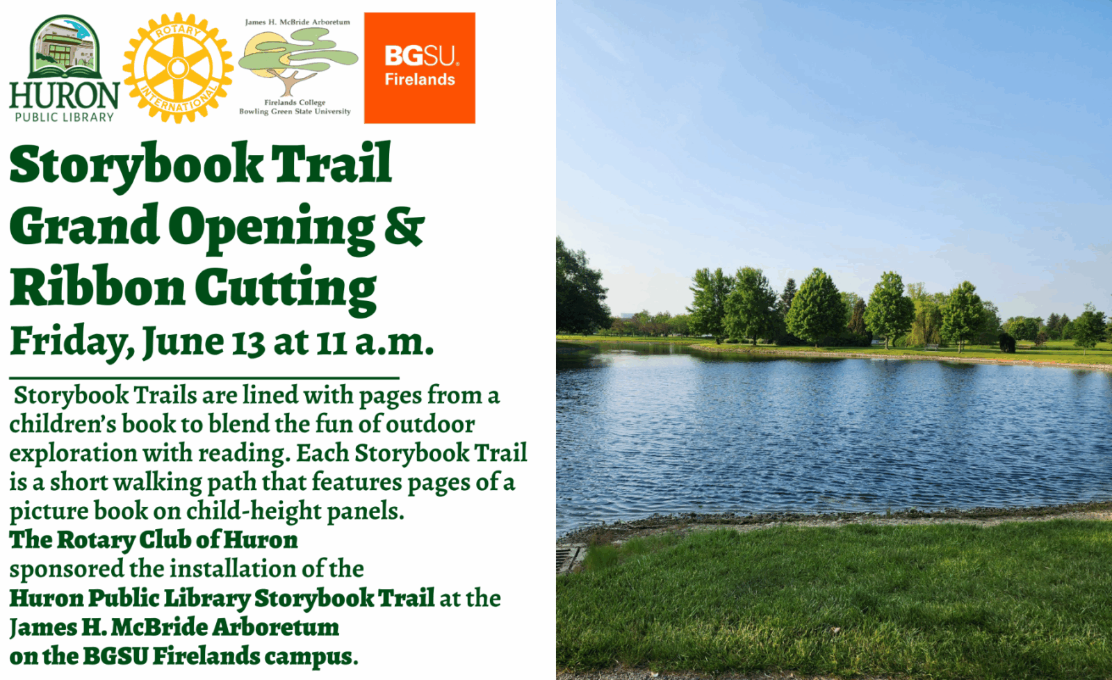 A graphic for the Grand Opening of the Storybook Trail at BGSU Firelands on Friday, June 13 at 11 a.m.