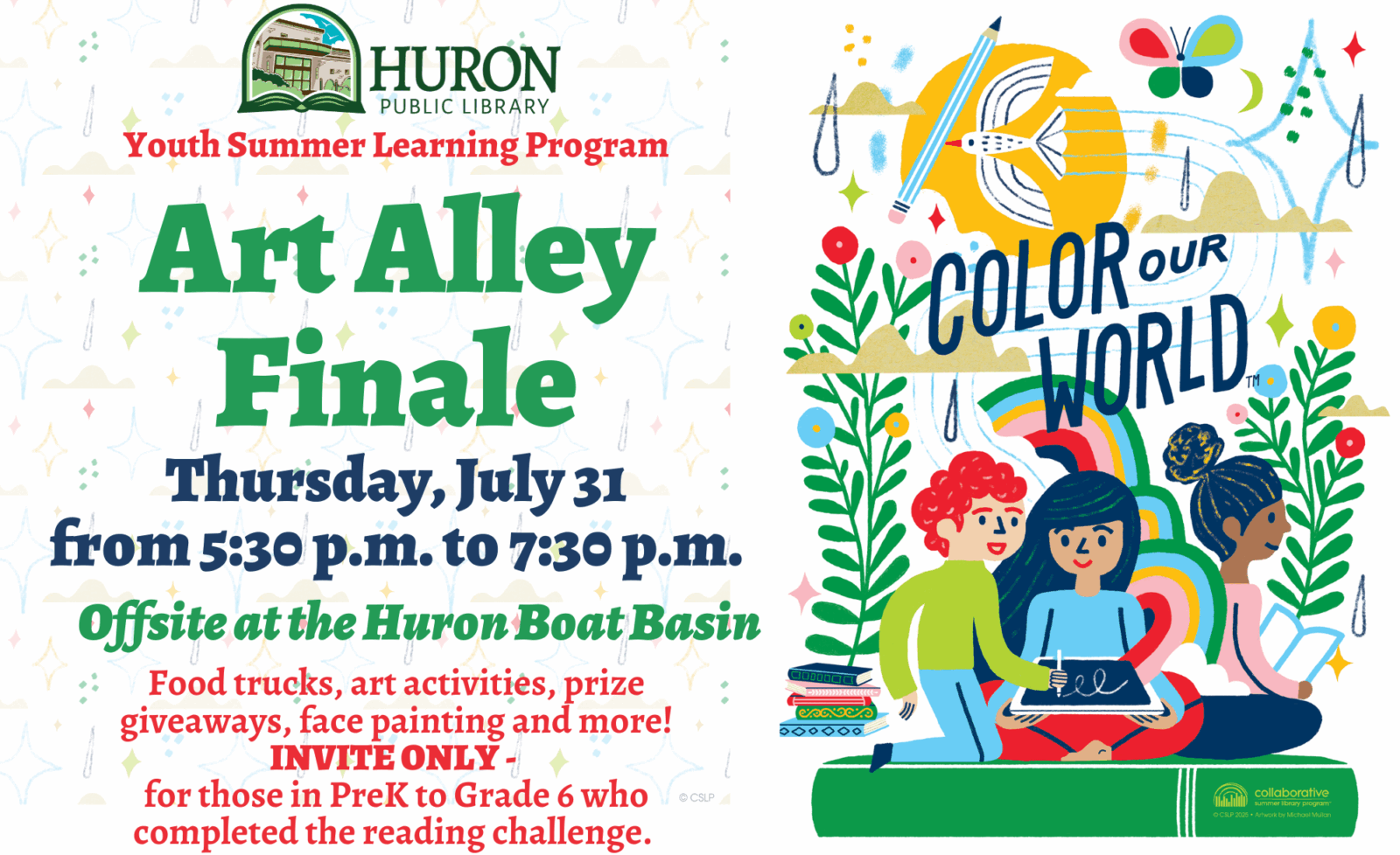 A graphic for the Art Alley Finale Party for PreK - Tweens on Thursday, July 31 from 6 p.m. to 7:30 p.m.