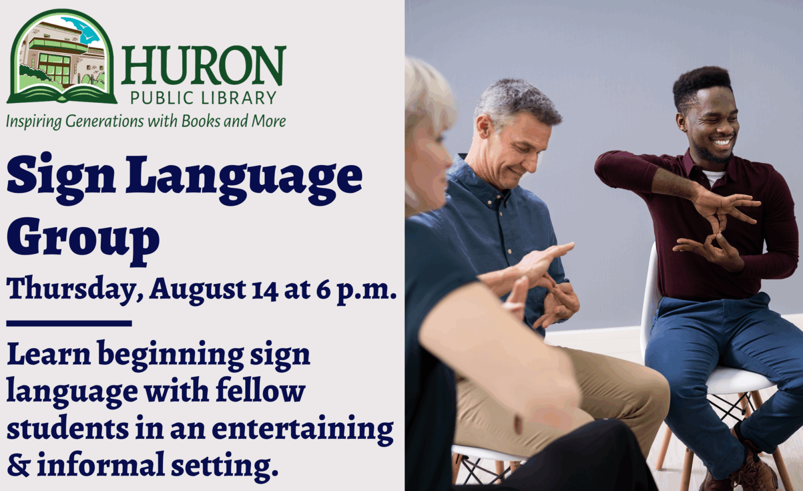 a graphic for sign language group on Thursday, August 14 at 6 p.m.