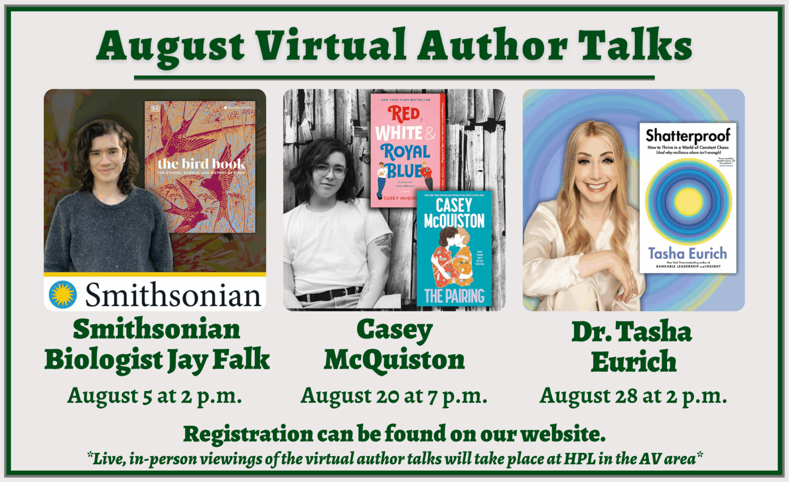 A graphic showcasing the Virtual Author Talks for the month of August