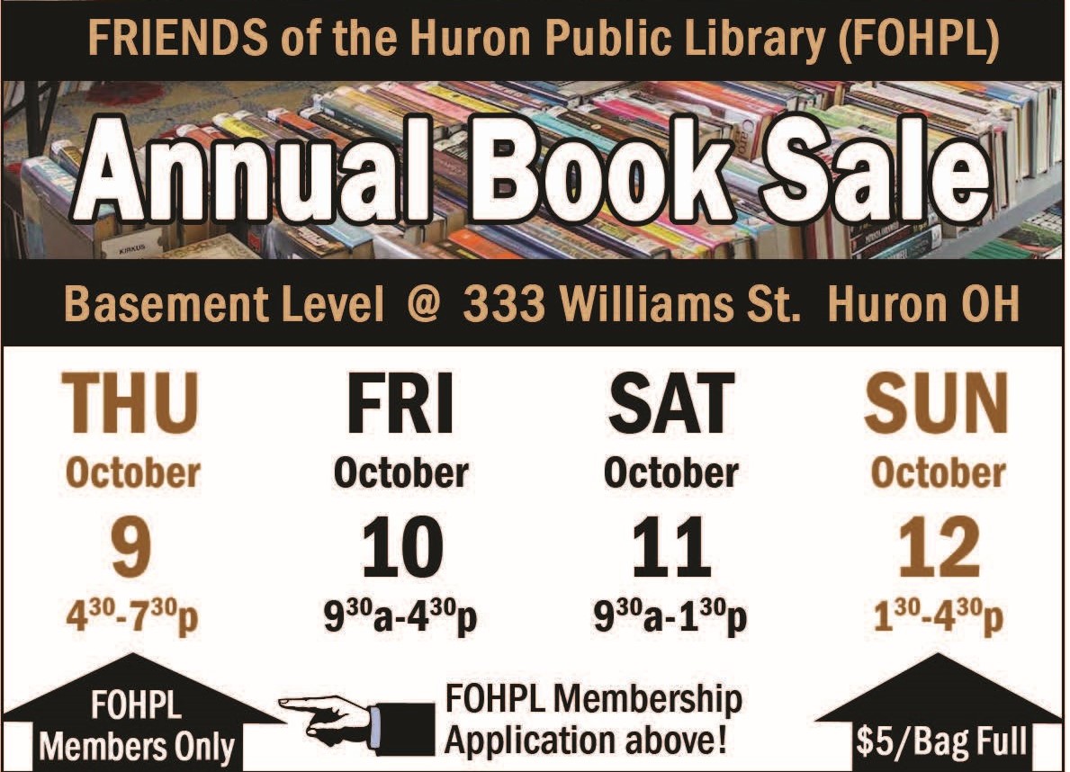 A graphic advertising the friends of Huron Public Library annual Book Sale Thursday, October 9 - Sunday, October 12