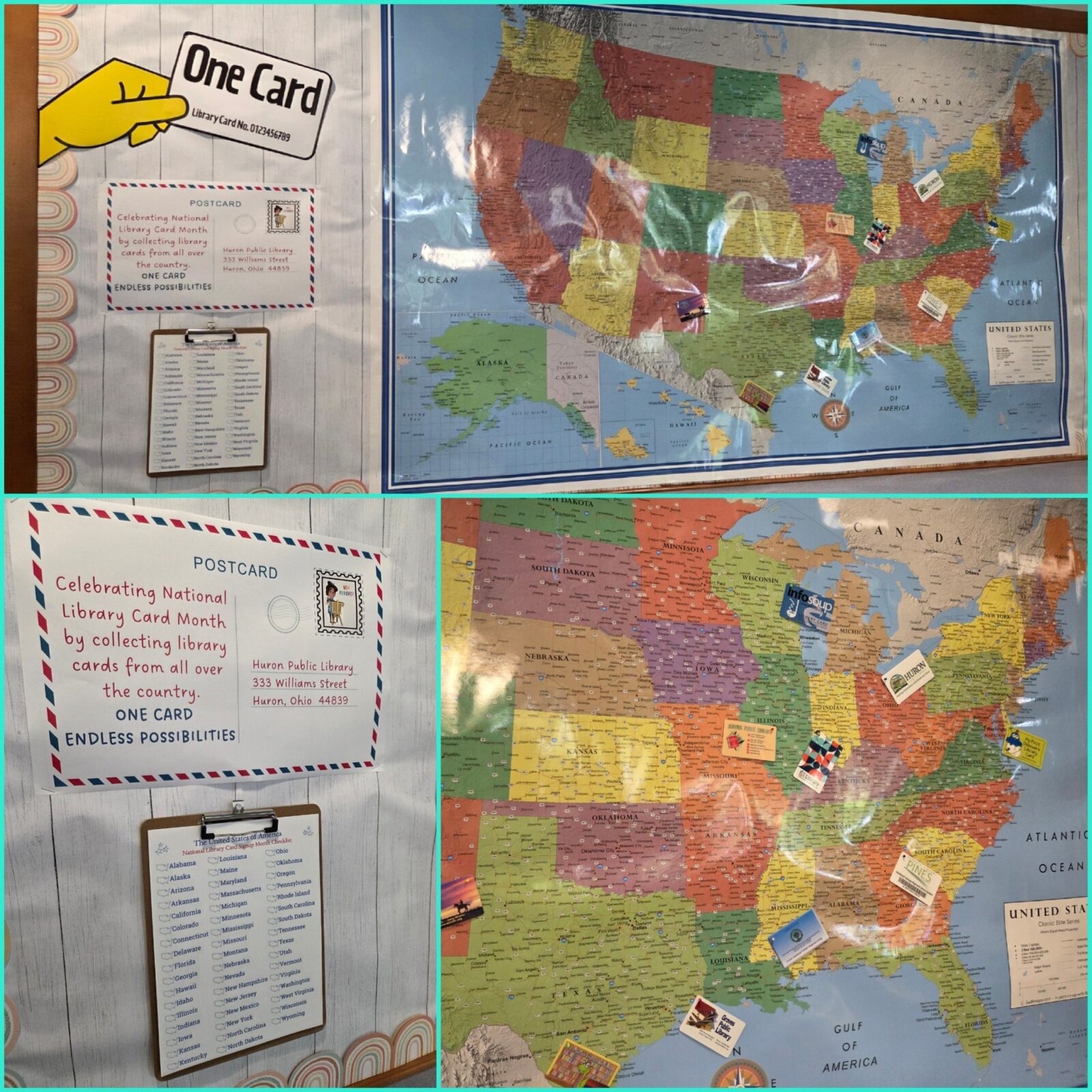 An image of a board with a map on it and library cards