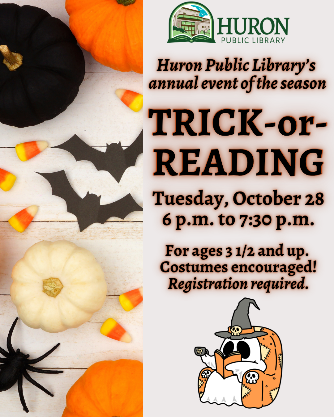 a graphic advertising the TRICK-OR-READING event on Tuesday, October 28 from 6 p.m. to 7:30 p.m. for children aged 3.5 and up