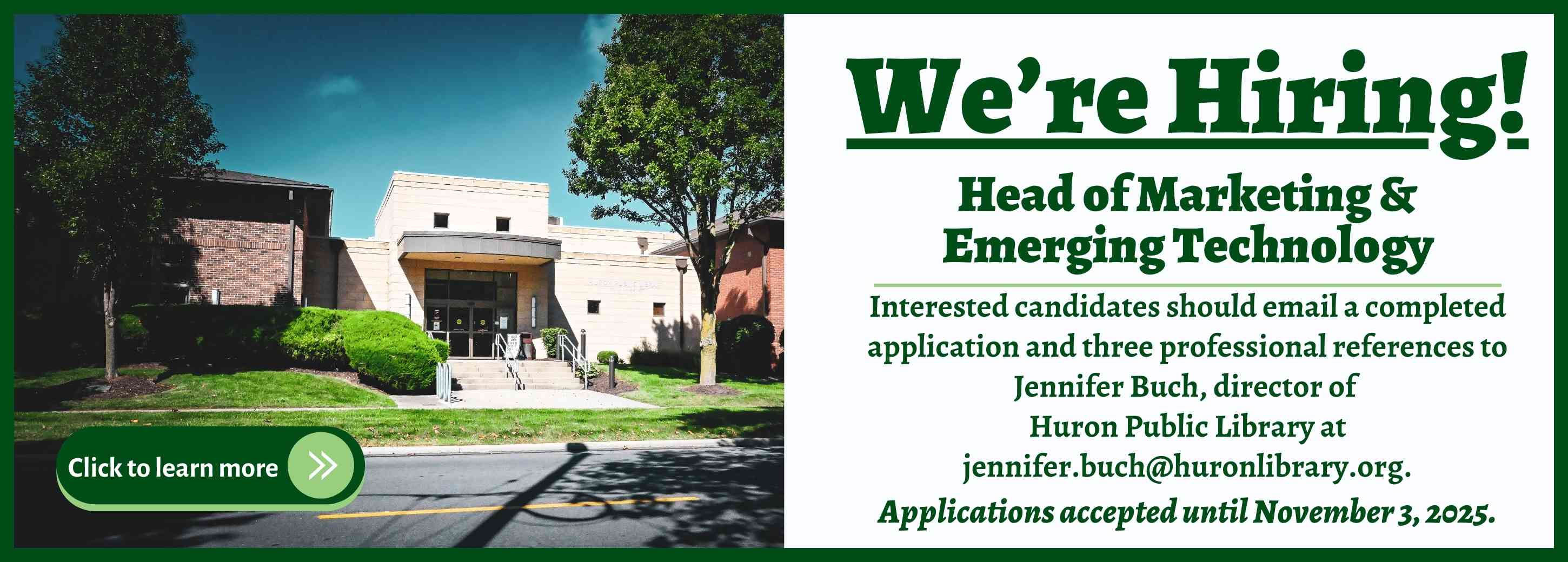 An advertisement for the job posting for the head of marketing and emerging technology at Huron Public Library