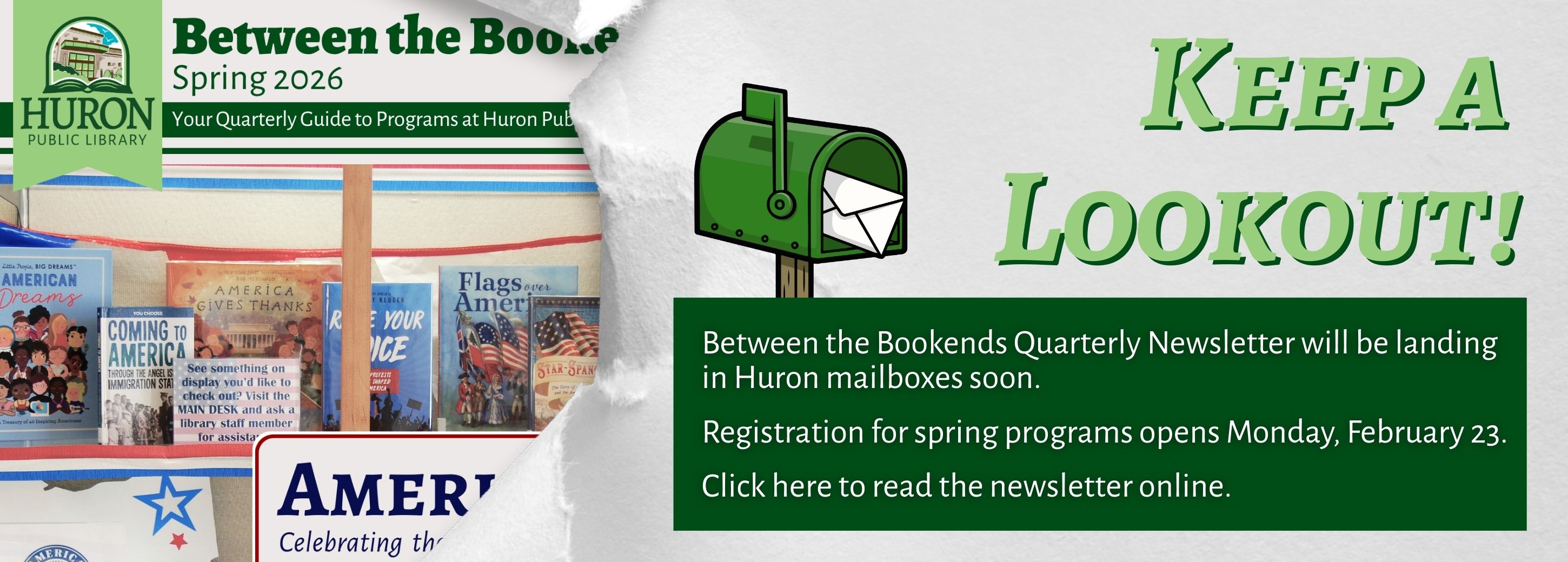 Between the Bookend Nesletter Coming Soon with image of front page of newsletter and graphic of a mailbox