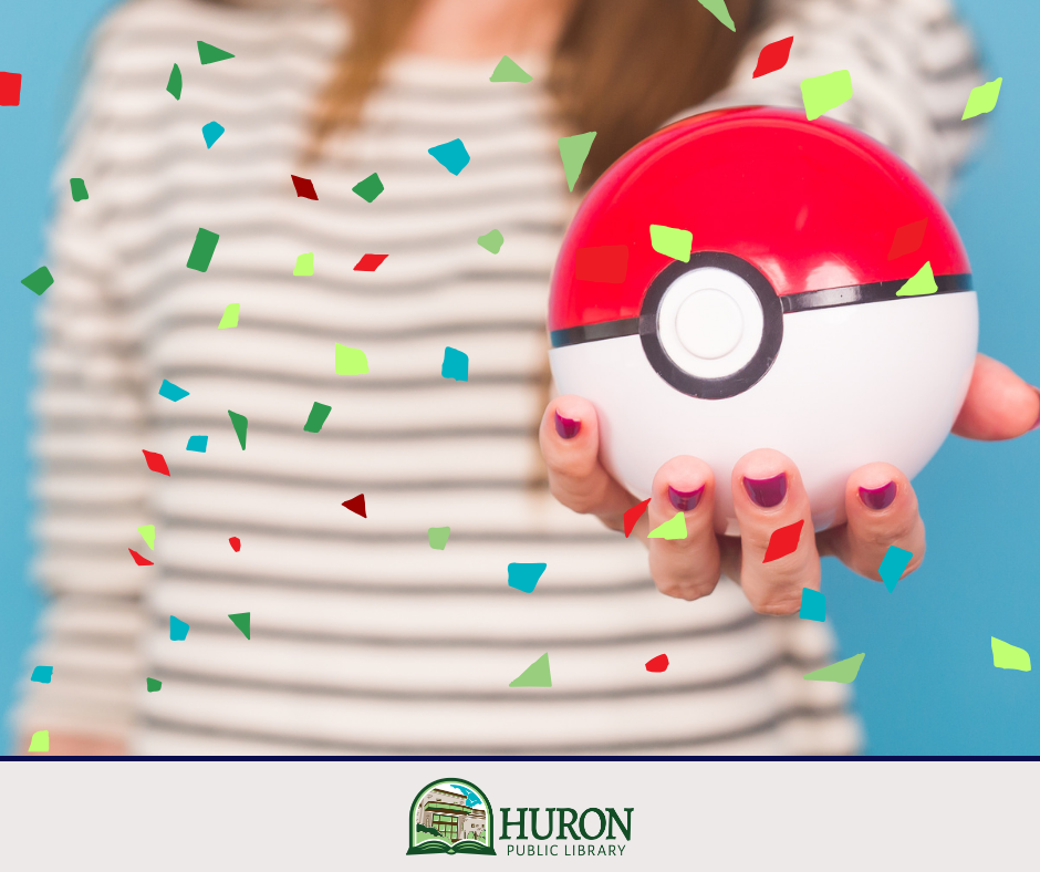 Image of woman holding pokeball with confetti