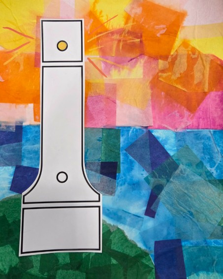 Lighthouse cut-out with rainbow watercolor background