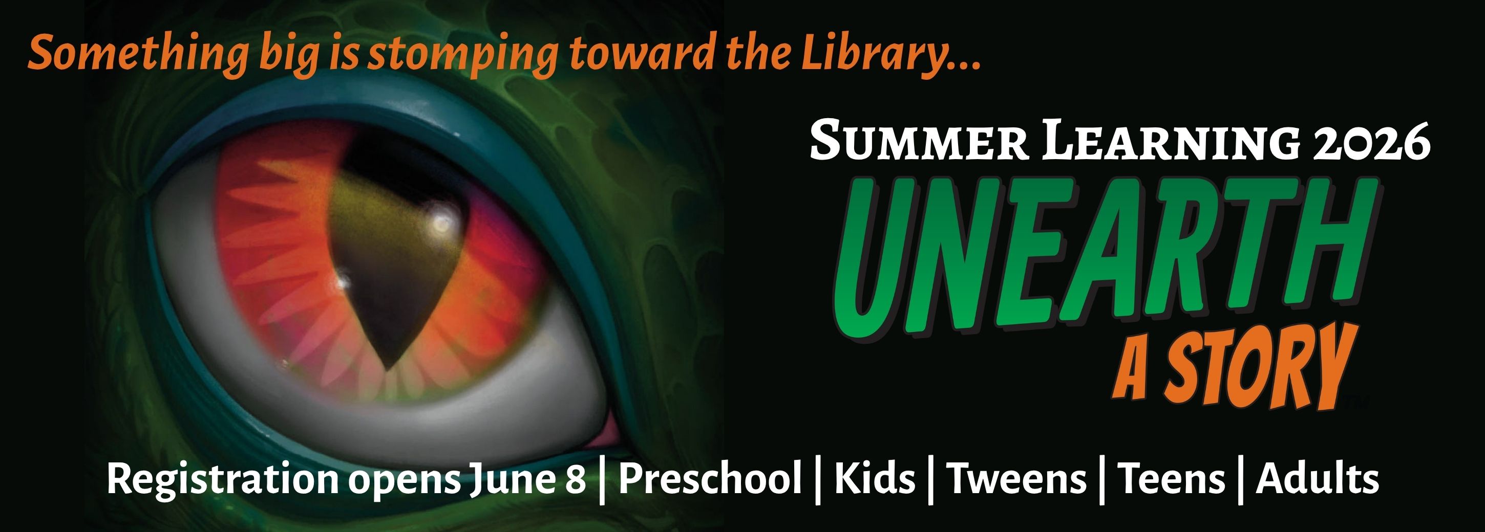 Summer Learning Program 2026 coming soon with illustration of dinosaur's eye
