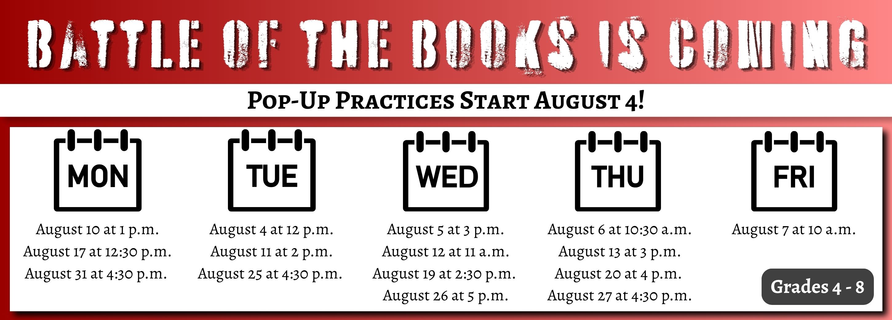 Battleof thr Books 2026 Pop-Up practice Schedule for August