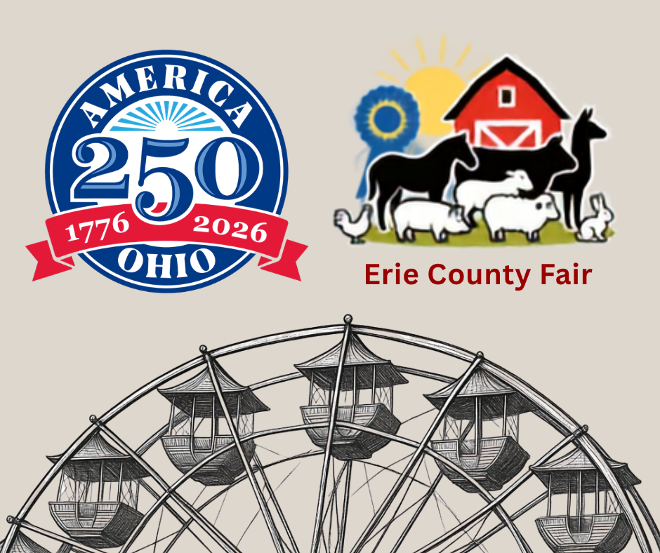 Sketch of ferris wheel with erie county america 250 logo and erie county fair logo